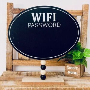 NWT Gorgeous Black Beige Wood WIFI password display chalkboard Beaded Stand Sign